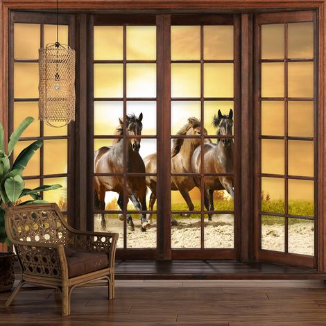 Papier peint panoramique Trompe l'oeil Fenêtre en bois - Chevaux - 195 cm x 156 cm (1/5)