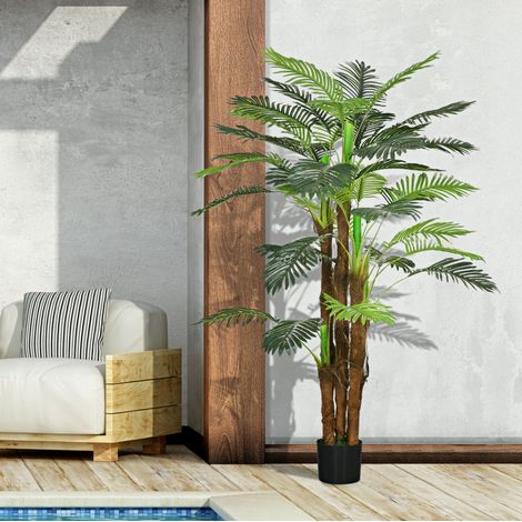 Palmera artificial 160 cm, con 5 troncos y forma flexible, maceta estable, plástico, verde (1/5)