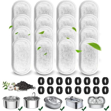 32 Pièces Filtre Fontaine Eau Chat en Acier Inoxydable,16 Filtres à Charbon et 16 Eponges de Préfiltration,Convient aux Abreuvoirs pour Chats en Acier Inoxydable de 3.2L/2L (1/5)