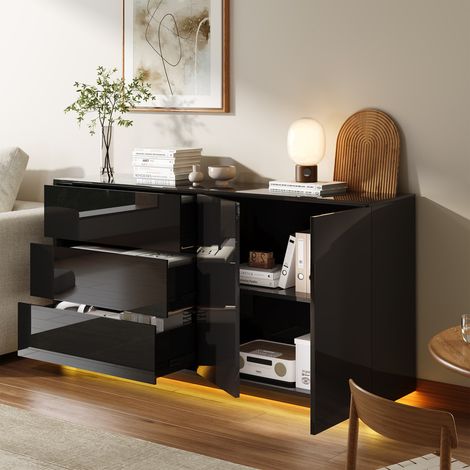 Buffet de cuisine noir 160x35x76 cm, 3 tiroirs 2 portes, éclairage LED intégré, panneaux d’aggloméré et métal, meuble rangement moderne pour salon et cuisine (1/5)