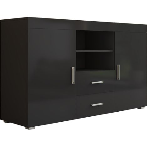 Muebles Bonitos – Buffet bas noir 140x40x82cm – 2 portes, 2 tiroirs – Finition mélamine brillante – Meuble de rangement moderne (1/5)