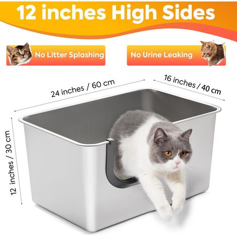 Bac à litière en acier inoxydable pour chat avec entrée basse - Maison de toilette grand format à bords hauts anti-projections et anti-fuites pour chatons et chats âgés (1/5)