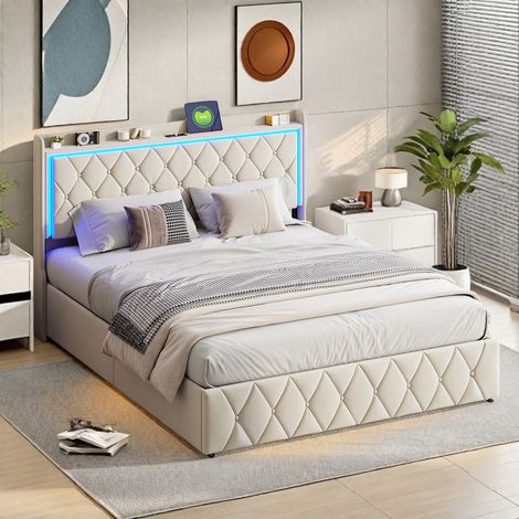 Lit double avec bandeau LED réglable - Lit à rangement hydraulique 140 x 190 avec prise de recharge - Tête de lit rembourrée en velours - Style scandinave - Beige (1/5)