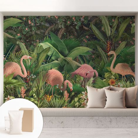 Papier peint intissé pour salon chambre à coucher peint imprimé pour mur - Colle incluse gratuite Flamants roses 208x146 cm (1/5)