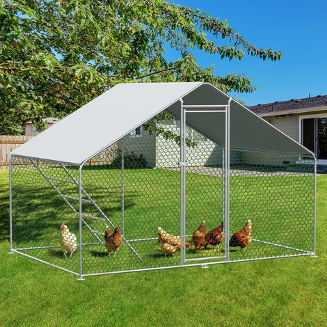 Corral para gallinas 3 x 3 x 2 m en metal plateado con funda estanca, cerradura de seguridad y malla hexagonal (1/5)