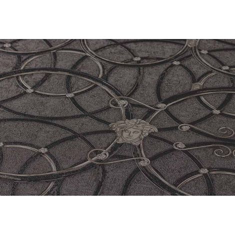 Papier peint chic gris anthracite & argent pour salon Tapisserie couleur foncée motif Médusa Papiers peints rond argentés (1/5)