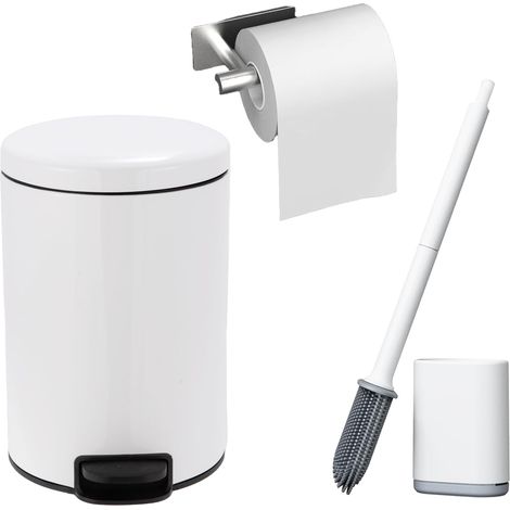 Poubelles de Salle Bain 7L avec brosse WC, Distributeur de Papier Hygiénique, Petite Poubelle à Pédale en Acier Blanche, Corbeille de Cuisine, Poubelle avec Couvercle et Seau Intérieur, Espace étroit (1/5)
