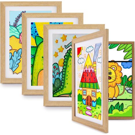 Lot de 4 Cadres pour Dessins D'enfants, Peut Accueillir Jusqu'à 70 Images Colorées, A4 MDF Ecologique, Plaque Acrylique, Couleur Bois (1/5)