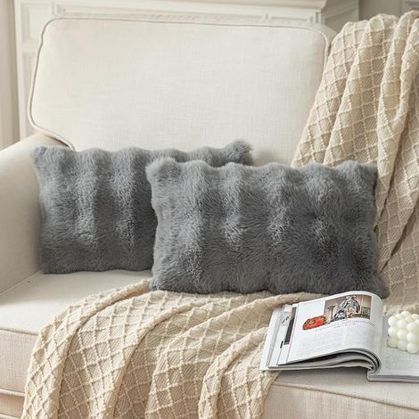 Gris 30 x 50 cm Housses de Coussin Laine Polyester Fausse Fourrure Peluche Taie d'oreiller Moelleux Canapé Chambre à Coucher (1/5)