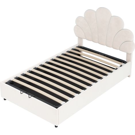 Cama tapizada 90 x 200 cm en terciopelo beige, cabecero floral, somier de láminas, MODENUIT (1/5)