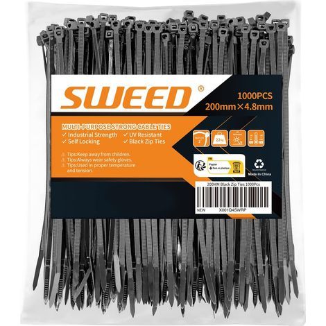 200mm Riselant Noir, 1000pcs Serre Cables Robustes, Serre-Câbles Resistant à La Traction De 22kg, Collier de Serrage Anti-UV, Usage En Intérieur Et Extérieur (1/5)