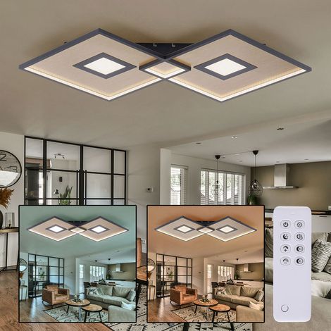 Plafonnier chambre lampe noir salon télécommande dimmable, LED mémoire CCT, métal or, LED 50W 1350lm 2700-5000K, LxlxH 96x56,6x6 cm