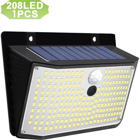 (208 LED - 1 pièce) Lampe solaire murale extérieure étanche sans fil avec détecteur de mouvement, 3 modes d'éclairage, idéale pour jardin, clôture, terrasse ou garage. (1/5)