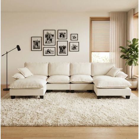 Canapé angolare modulare in chenille beige a U con ottomana mobile, 332x151x90 cm (1/5)