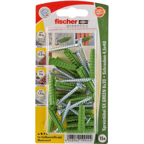 Fischer 15x Taco de expansión SX GREEN 6 x 30 mm S con tornillo - 524820 Producto descatalogado (1/4)