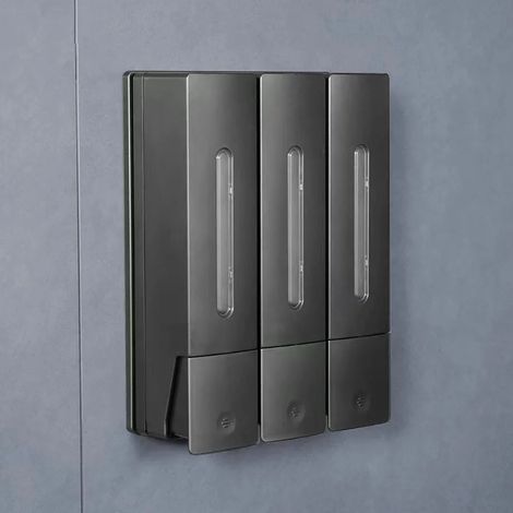 Distributeur de savon manuel mural double tête (gris foncé triple) - Grande capacité de 400 ml - Idéal pour shampoing, hôtels et salles de bain - Sans perçage (1/5)