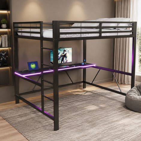 Letto a castello gaming 160x200 cm con scrivania, luci LED, sponde di sicurezza, MDF e metallo nero (1/5)