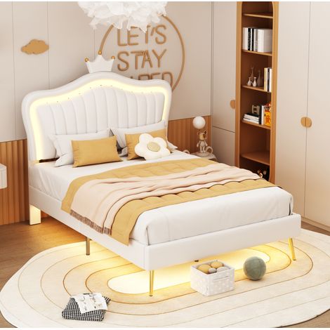 Letto singolo imbottito 90x200 cm con testiera a corona, ecopelle PU e LED, bianco, senza materasso (1/5)