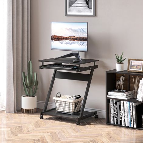 Rollbarer Computertisch – Mobiler Schreibtisch – Computertisch – Ausziehbare Tastaturablage + Regal – Schwarz