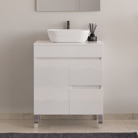 Meuble de salle de bain 60cm sur pieds avec plateau et une cuve à poser arrondie - sans miroir - porte et tiroirs - blanc brillant - HARO