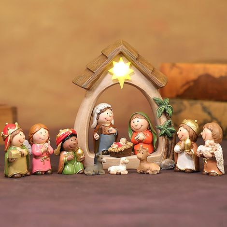 Crèche De Noël Avec Lumières LED - Figurines En Résine Rustique - Scène De La Nativité Pour Décoration Intérieure De Table - 1 Set (1/5)