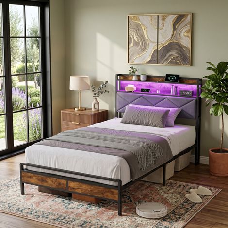 Erwachsenenbett 90 x 200 cm mit Lattenrost im Industrial-Stil, LED-Licht, USB-C-Anschluss, gepolstertes Kopfteil und integrierter Stauraum, Schwarz