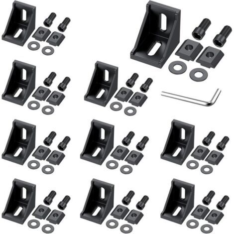 10 PCS D'angle En Alliage D'aluminium Noir, Équerres D'angle À 90 Degrés Pour Profilés 3030 3060, Avec Écrous En T, Vis, Rondelles Et Clé, Pour Le Montage De Structures Industrielles