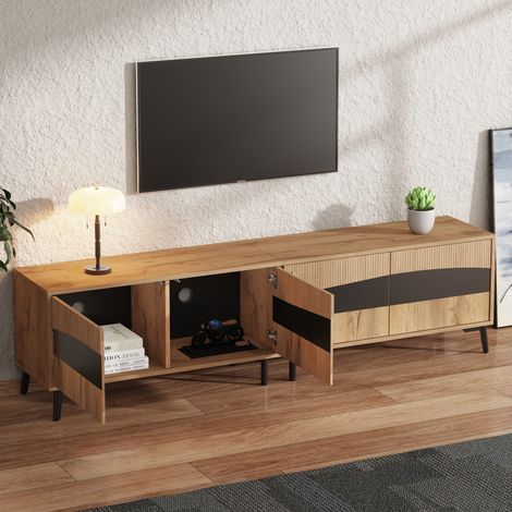 Meuble TV 180x40x50 cm bois noir 4 compartiments 8 pieds charge max 30 kg bas