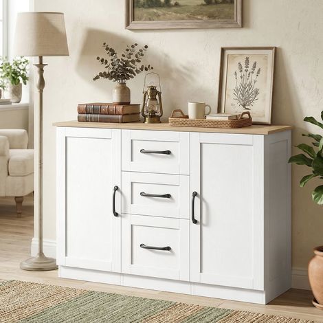 Buffet salon. meuble de rangement avec 2 portes à fermeture douce et 3 tiroirs. 110x35x80.4cm. blanc et bois naturel