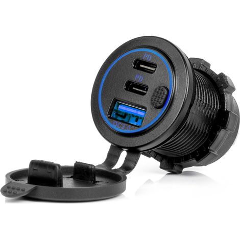 Cargador para coche con tomas USB, resistente al agua, con interruptor USB + 2x USB-C QC3.0 12V 24V amio-04596 (1/5)