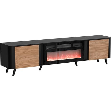 Meuble TV Vicino, buffet de salon avec deux portes battantes et cheminée électrique, surélevé du sol, 191x40 h58 cm, noir et noyer (1/4)