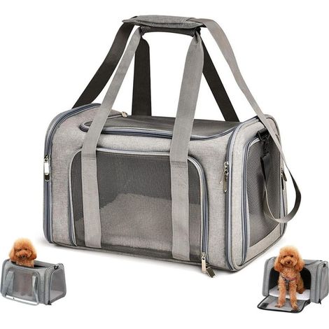 Sac Transport Chat Chien avec Matelas Peluche Amovible & Bandoulière Réglable, Caisse Pliable Respirant Souple Extérieur pour Animal Compagnie, Cage pour Voyage Train/Voiture/Restaurant/Avion(Gris) (1/5)