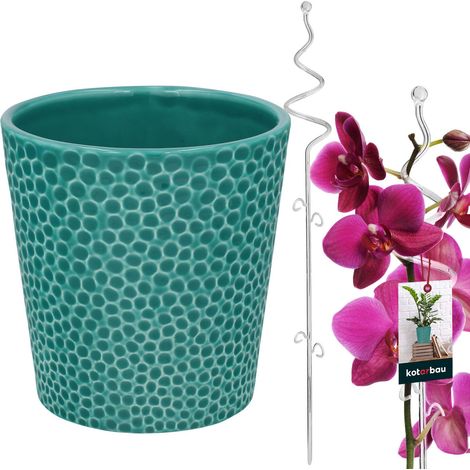 KOTARBAU® Set di vasi da fiori turchesi da 11 cm con supporto trasparente da 58 cm per fiori, vaso da fiori in ceramica, set di supporti per piante in plastica per orchidee