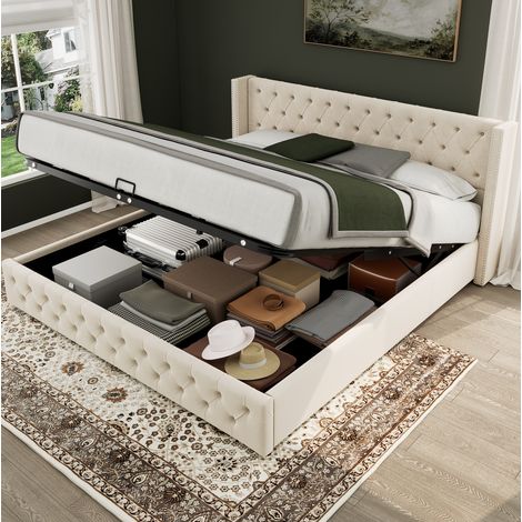 Lit double Chesterfield 140x200 cm en velours beige, avec tête de lit haute et coffre de rangement hydraulique (1/5)