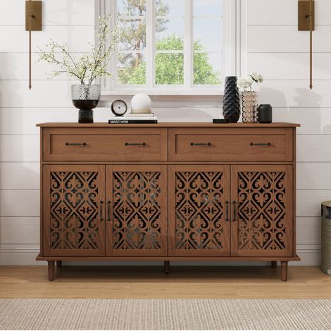 Credenza in truciolare color noce con 4 ante intagliate, 2 cassetti e ripiani regolabili (1/5)