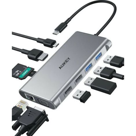 Hub USB-C CB-C89 de aluminio  10 en 1  Ethernet RJ45 10/100/1000 Mbps  4 puertos USB  HDMI 4K a 30 Hz  Ranuras para tarjeta (1/2)
