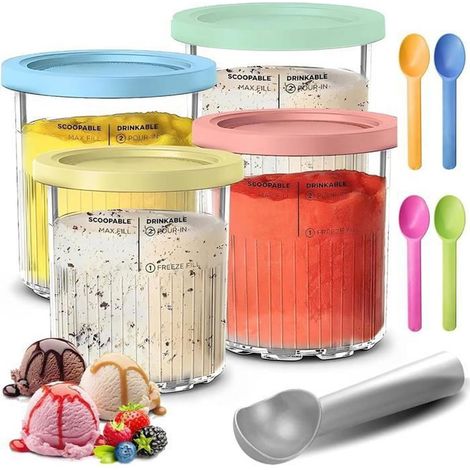 4Pcs Bacs À Crème Glacée pour Ninja Creami, Pot à Glace avec Couvercles en Silicone Compatibles avec les Séries NC501/NC500