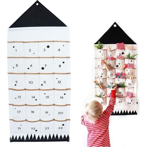 Adventskalender aus Stoff zum Befüllen, 24 Taschen, Adventskalender 2024, zum Aufhängen, Stoffbeutel, Wandteppich, Weihnachtsdekoration, 50 x 120 cm (Schwarz) (1/5)