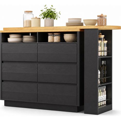 Table Bar Extensible avec 6 Tiroirs, Plateau Pivotant et Roulettes, pour Cuisine, en MDF Noir, 137-215x39x102.3 cm (1/5)