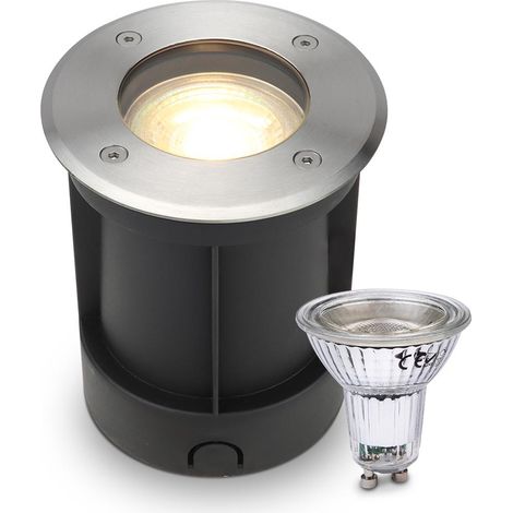 LED Bodeneinbaustrahler rund Edelstahl 230V IP67 - Leuchtmittel: GU10 5W 2700K DIMMBAR - Anzahl: 1x