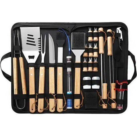 Kit Barbecue - Haute Qualité - Acier Inoxydable - 25 pièces - Marron - Ustensiles de Grill