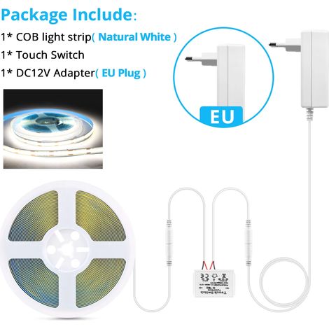 (Lumière naturelle, 2M) Bande LED COB miroir DC12V avec interrupteur tactile à intensité variable, adaptée au rétroéclairage des miroirs de maquillage. (1/5)
