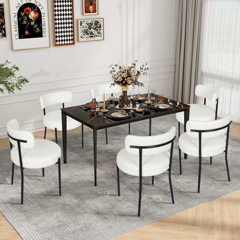 Puluomis – Lot de 6 chaises de salle à manger en velours Teddy – Coussin épais 10 cm – Pieds en métal noir réglables – Style rétro moderne – Blanc