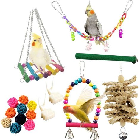 Ensemble de 17 pièces pour perruches, à suspendre dans la cage, à utiliser comme balançoire ou à mâcher pour petits perroquets, pinsons et inséparables. (1/5)