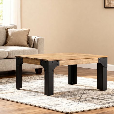 Mesa de centro Boston 80x80x46cm estilo industrial en madera de pino envejecida y acero negro BoxFurniture