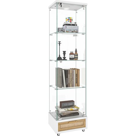 Vitrine verre LED bibliothèque blanc meuble tiroir porte étagères 167x42,5x36,5 cm