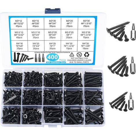 Vis Autotaraudeuses, 400 Pcs, M3-M4, Tête Fraisée, Torx, Noir (1/5)