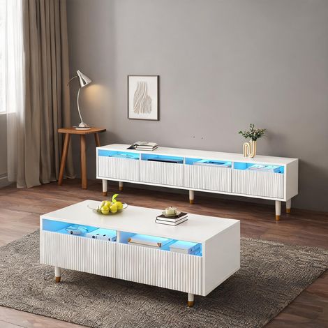 Meuble TV et table basse blanc or avec LED coloris blanc en MDF (1/5)