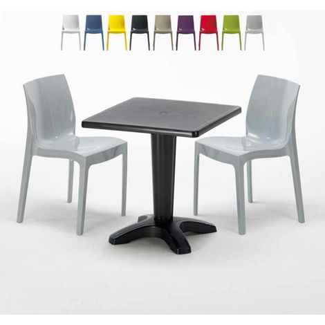 Table Carrée Noire 70x70cm Avec 2 Chaises Colorées Grand Soleil Set Bar Café Ice Aia - Gris (1/5)