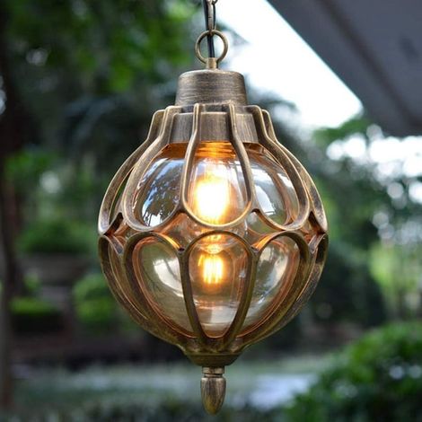 Suspension Lanterne Imperméable, Luminaire Pendant en Métal Peint avec Globe en Verre, Plafonnier Extérieur pour Porche, Entrée, Restaurant 23cm (Or) (1/5)